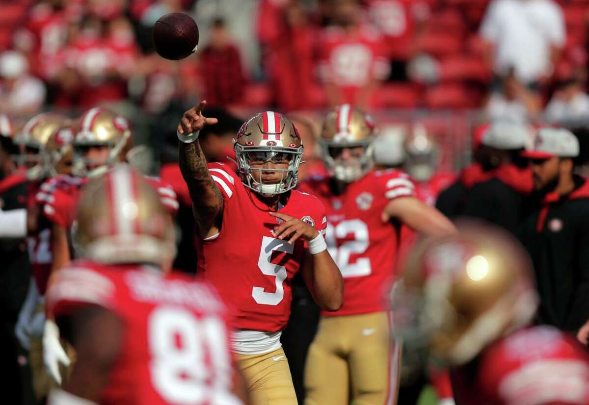 Rookie quarterback Trey Lance (5) throws during pregame warmups before the 49ers played the Kansas City Chiefs at Levi’s Stadium in Santa Clara on Saturday, Aug. 14, 2021.