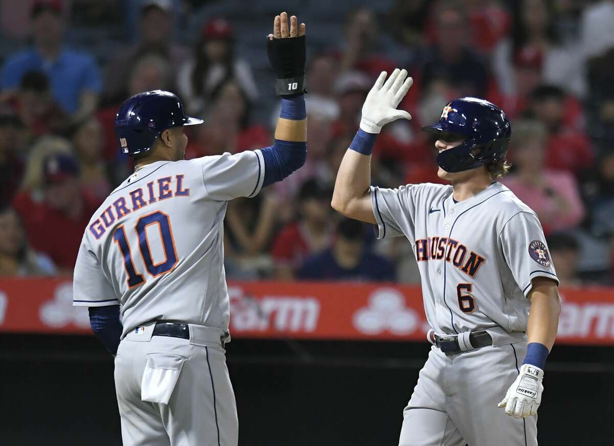 ANAHEIM, CA - JULY 16: Los Angeles Angels designated hitter Shohei Ohtani  (17) celebrates his home run in a dugout celebration during the MLB game  between the Houston Astros and the Los