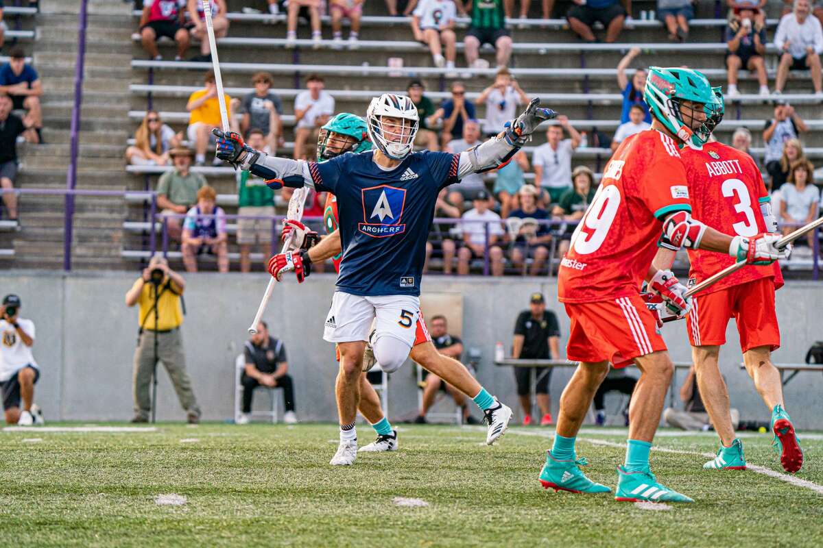 Connor Fields leaps after hitting the game-winning shot for Archers in overtime over Whipsnakes, lifting his team to a 15-14 victory in the Premier Lacrosse League 2021 season finale at Tom and Mary Casey Stadium at the University at Albany on Sunday, Aug. 15, 2021.