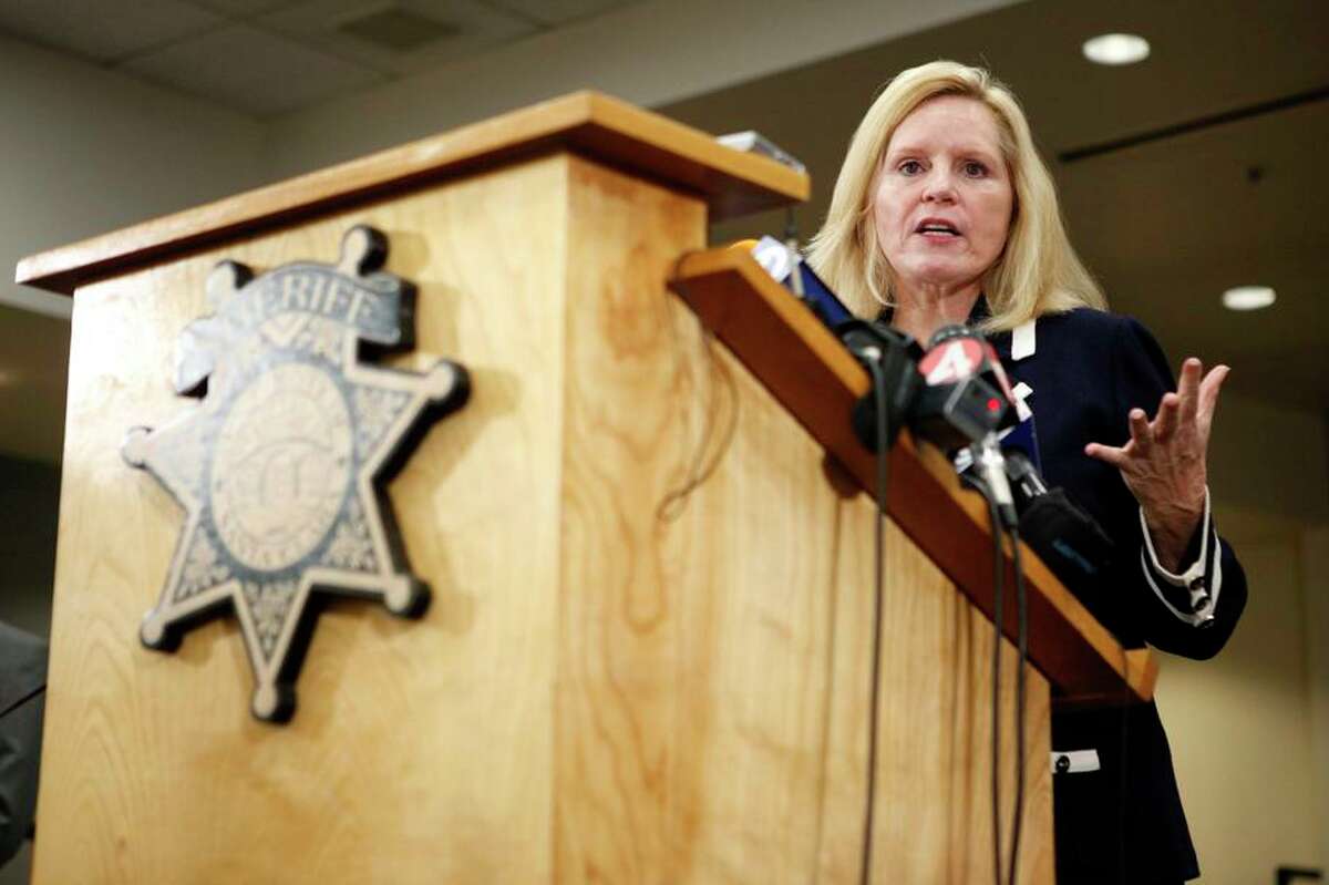 Santa Clara County Sheriff Laurie Smith speaks during a news conference at the Santa Clara County Sheriff's Office on in San Jose, Calif. San Jose Mayor Sam Liccardo called on Smith to step down, citing a pattern of alleged wrongdoing over the course of several years.
