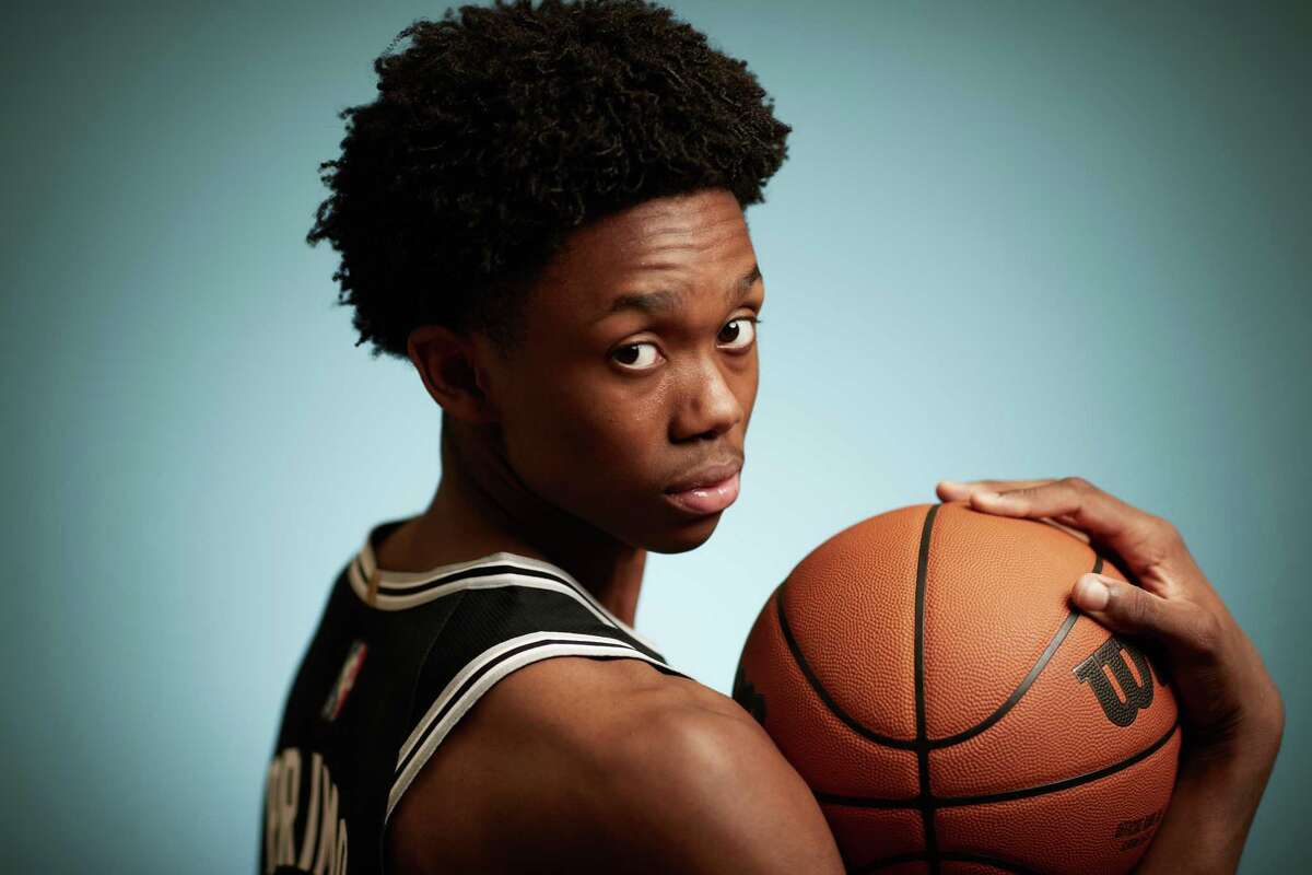 LAS VEGAS, NEVADA - AUGUST 14: Josh Primo #11 of the San Antonio Spurs poses for a portrait during the 2021 NBA rookie photo shoot on August 14, 2021 in Las Vegas, Nevada. (Photo by Joe Scarnici/Getty Images)