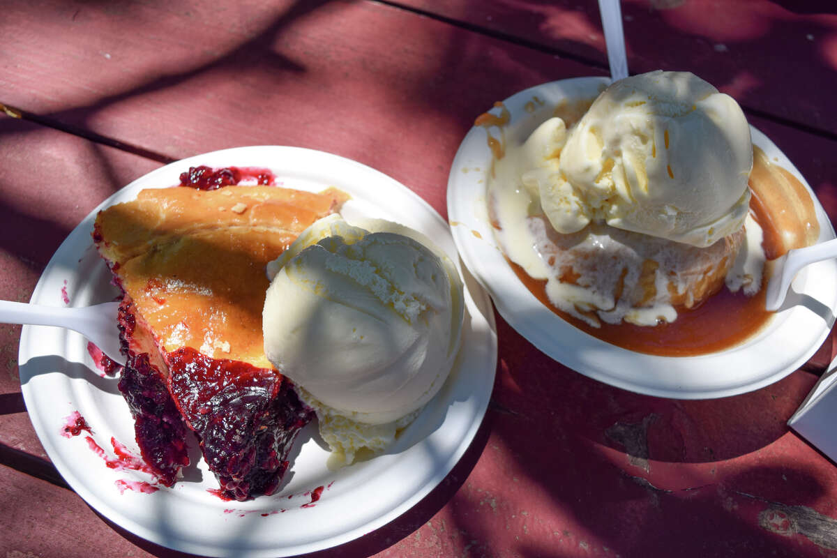 A slice of olallieberry pie and an apple dumpling from Gizdich Ranch in Watsonville, Calif.
