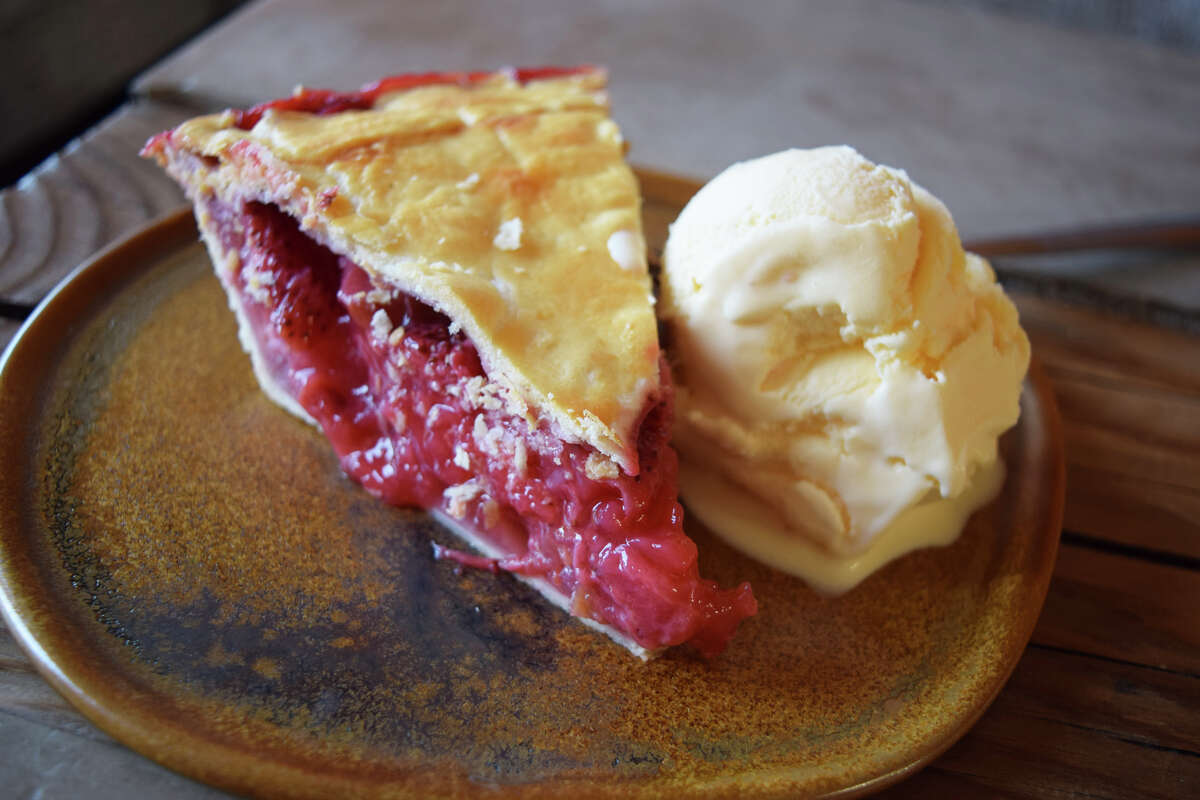 A slice of strawberry rhubarb pie from Gizdich Ranch in Watsonville, Calif.