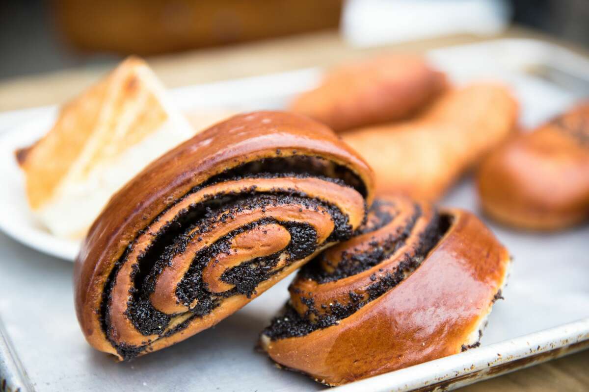 A poppy seed roll is one of the many pastries available at Cinderella Bakery and Cafe, a Russian bakery in the Richmond District of San Francisco, on Aug. 11, 2021.