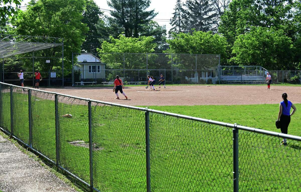 The Brien McMahon High School softball field in front of the school Tuesdaym May 18, 2021, in Norwalk, Conn.