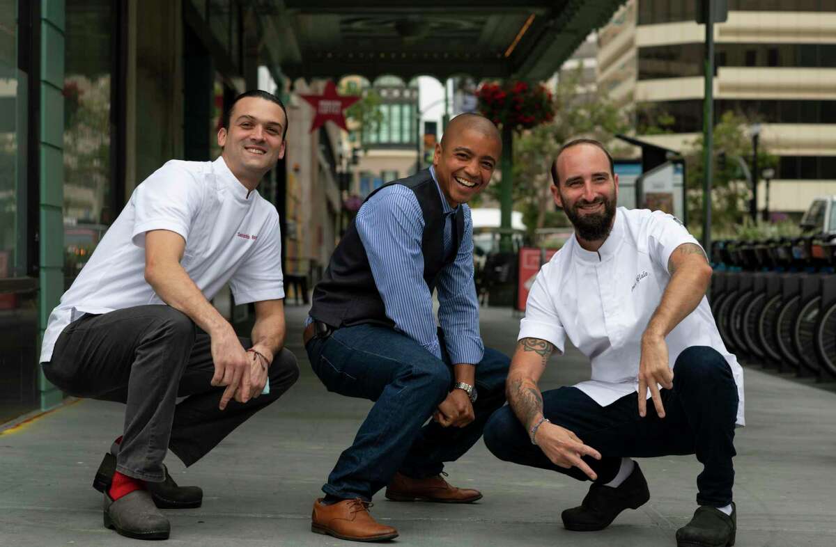 Chef Sebastian Brown (left to right), co-owner Darrin Ballon and co-owner Omri Aflalo are opening Tribune in Oakland.