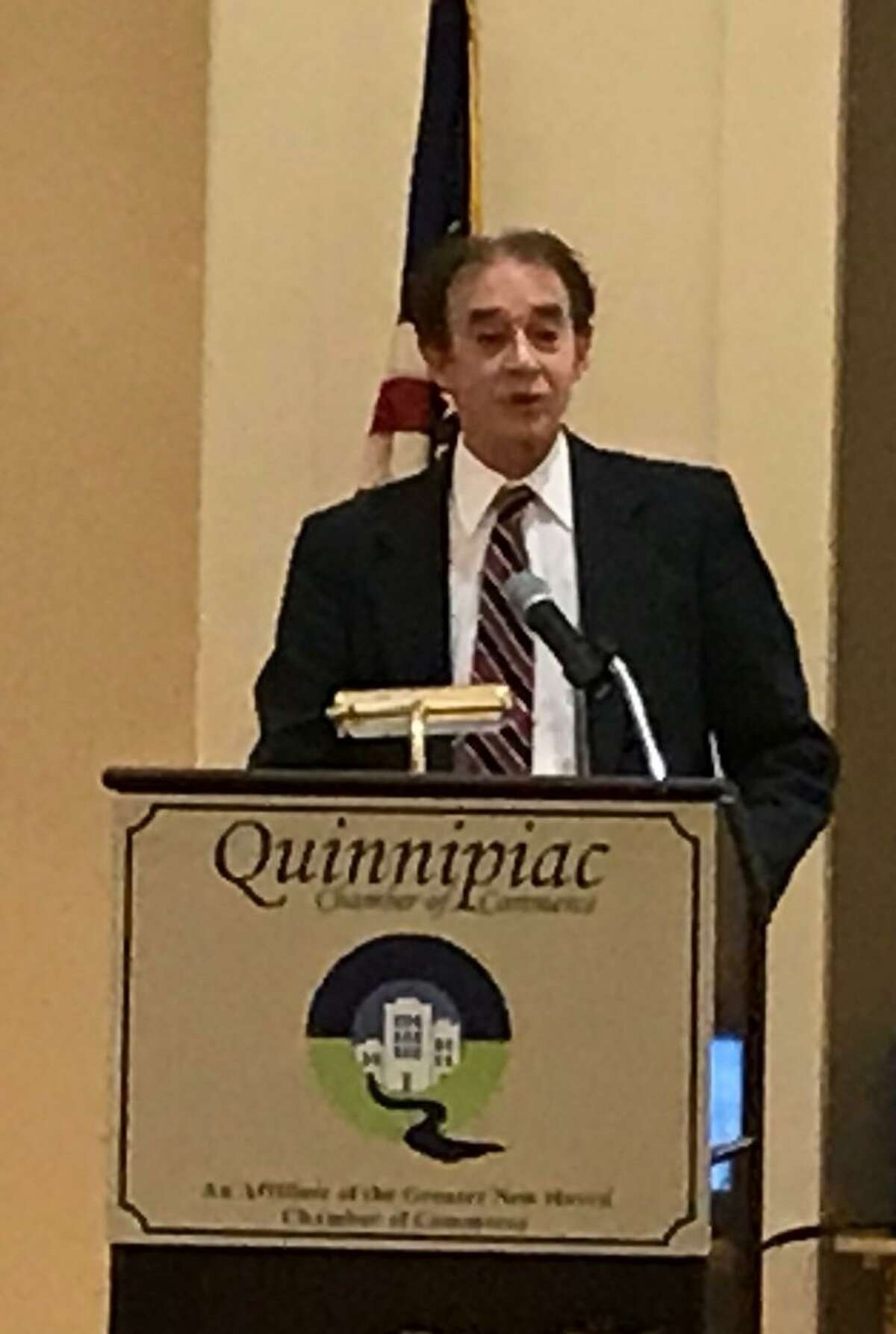 Wallingford Mayor William Dickinson Jr. speaks to members of the Quinnipiac Chamber of Commerce in 2019.