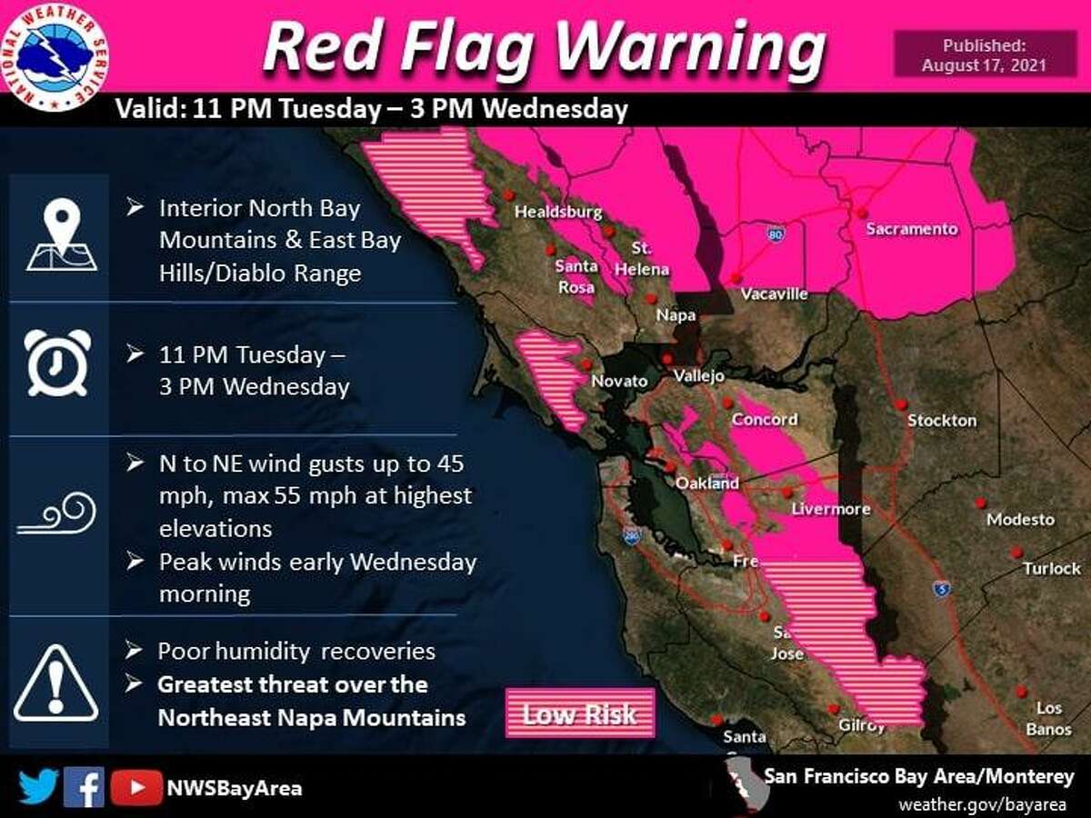 A National Weather Service map showing portions of Northern California that will fall under a red flag warning, signaling an elevated risk of wildfires sparking and spreading.
