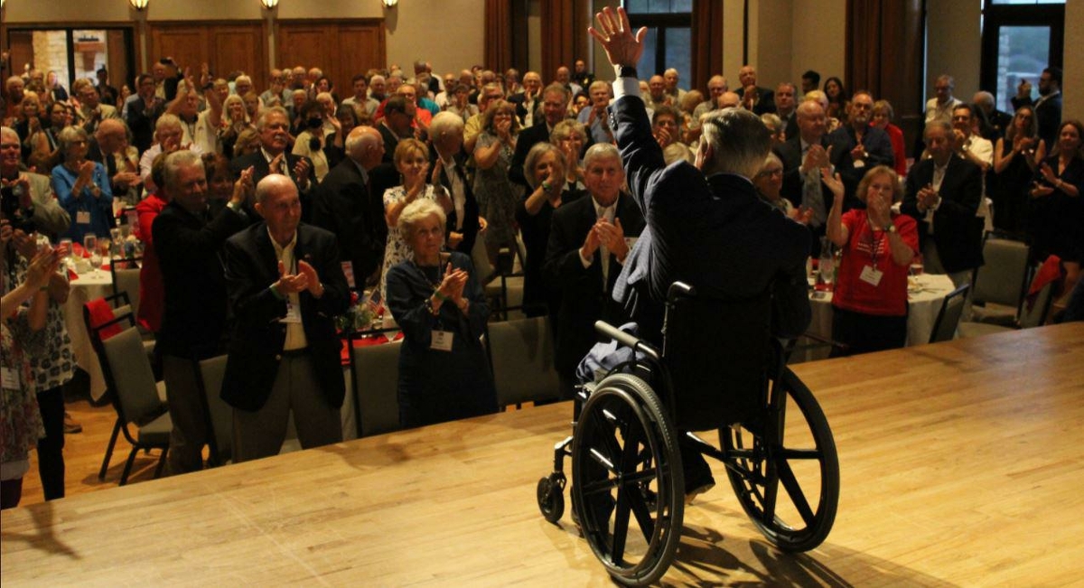 Gov. Greg Abbott waves to an unmasked crowd during a Republican event in Collin County on Monday night, Aug. 16, 2021. Abbott posted the photo on Twitter as COVID-19 hospitalizations in Texas hit their highest peak since January: “Another standing room only event in Collin County tonight,” Abbott wrote. “Thank y’all for the enthusiastic reception. Let’s keep this energy up and send a message that Texas values are NOT up for grabs in 2022.”