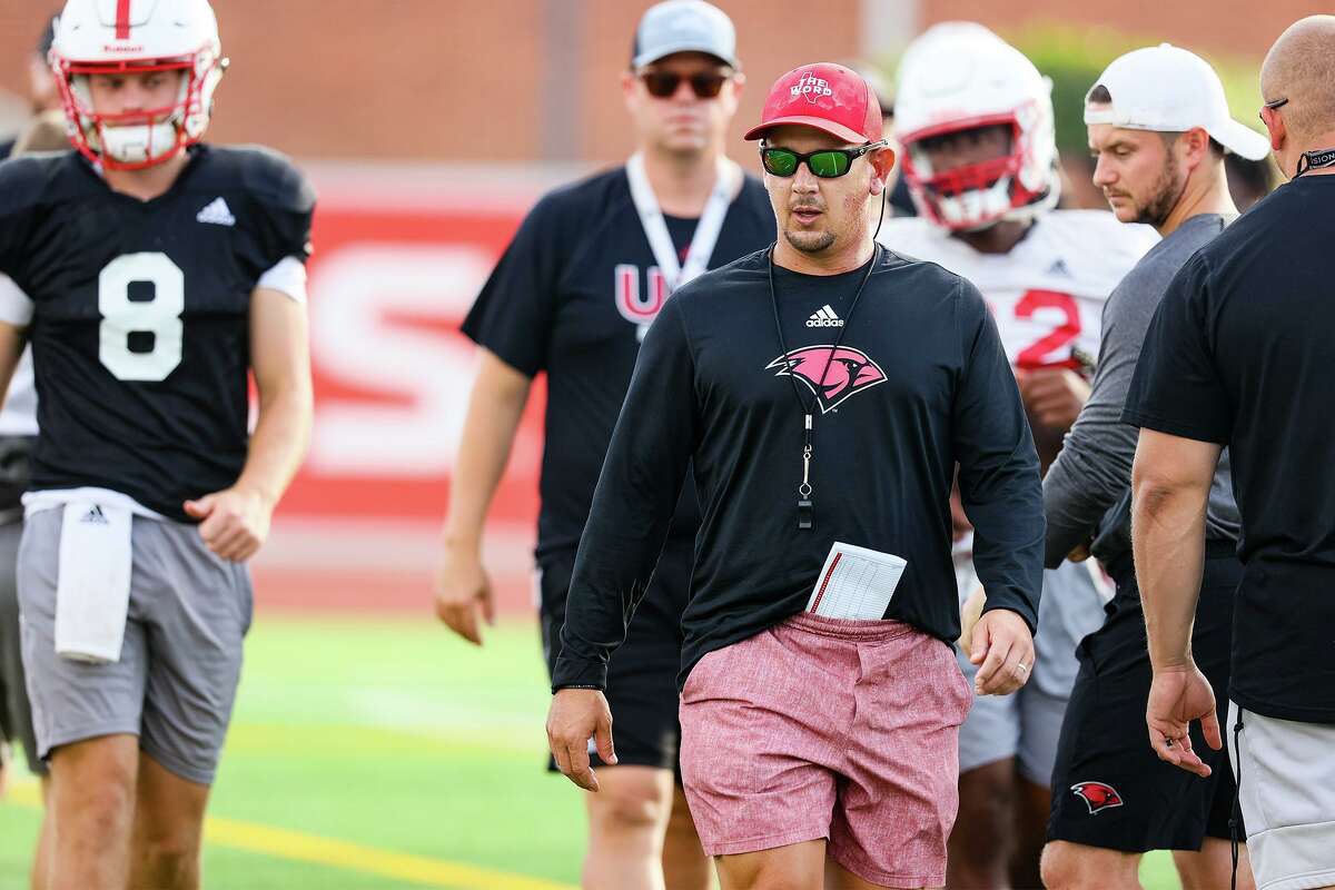 UIW head football coach Eric Morris during a morning practice at Gayle and Tom Benson Stadium on Friday, Aug. 13, 2021.