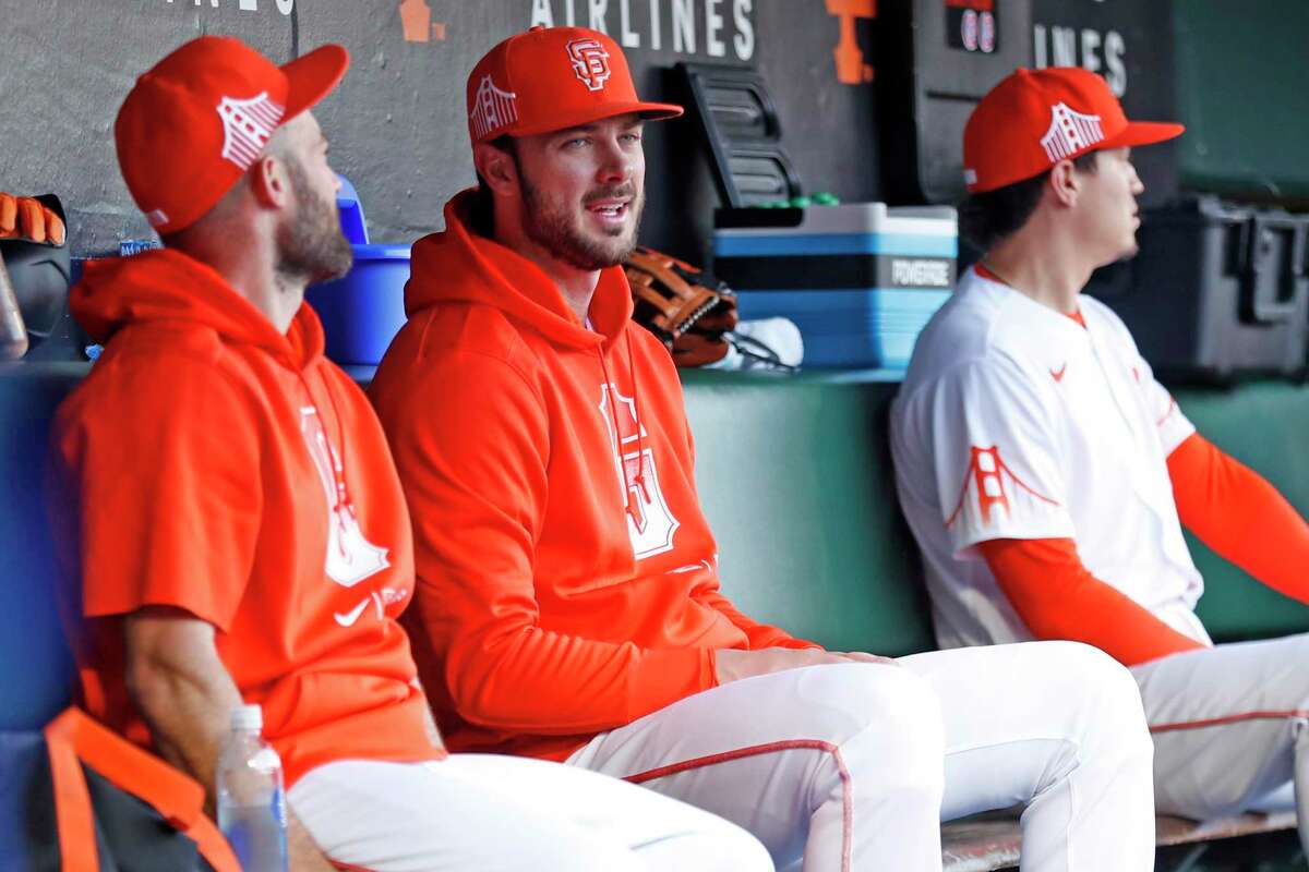 San Francisco Giants' Kris Bryant watches from the bench while not playing against New York Mets during MLB game at Oracle Park in San Francisco, Calif., on Tuesday, August 17, 2021.