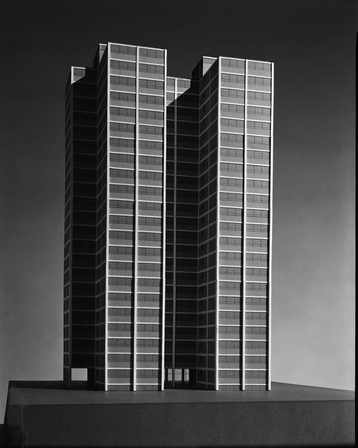 View of architectural model of Promontory Apartments building, showing rear elevation, Chicago, IL, 1946. (Photo by Hedrich Blessing Collection/Chicago History Museum/Getty Images)