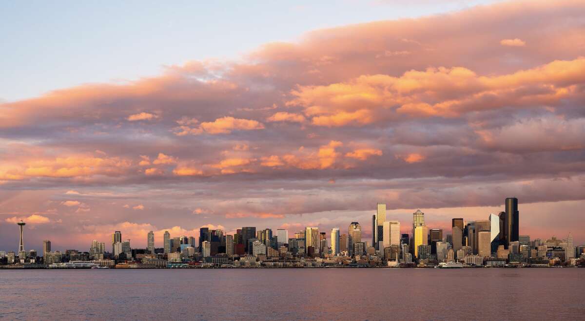 Seattle skyline at sunset.