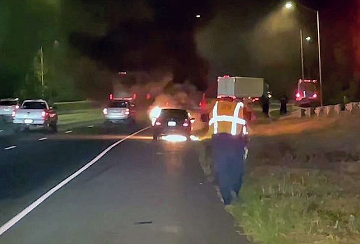 Firefighters responded to Interstate 95 near Exit 23 in Fairfield, Conn., on Tuesday, Aug. 17, 2021, for a vehicle fire.
