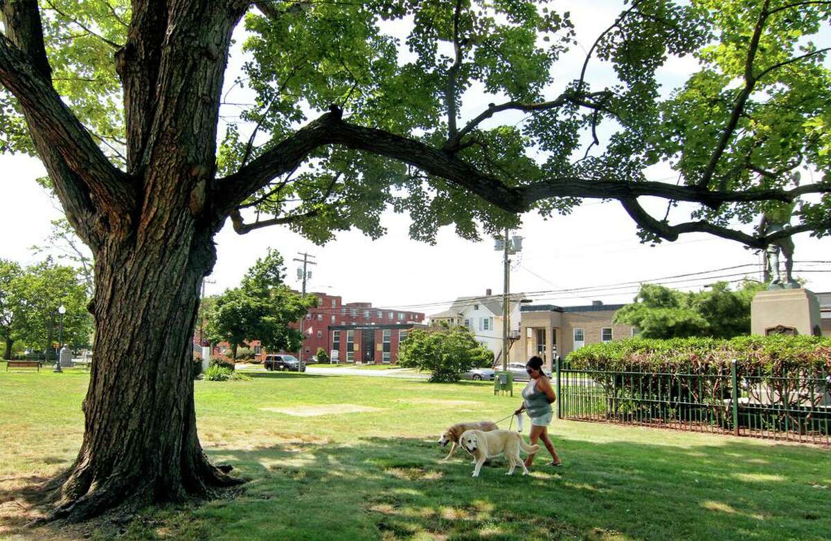 The real West Haven Green in downtown West Haven, Conn., 2020.