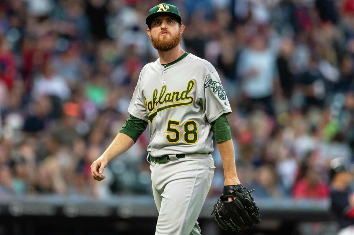 CLEVELAND, OH - JULY 6: Starting pitcher Paul Blackburn #58 of the Oakland Athletics leaves the game during the fifth inning against the Cleveland Indians at Progressive Field on July 6, 2018 in Cleveland, Ohio. (Photo by Jason Miller/Getty Images)