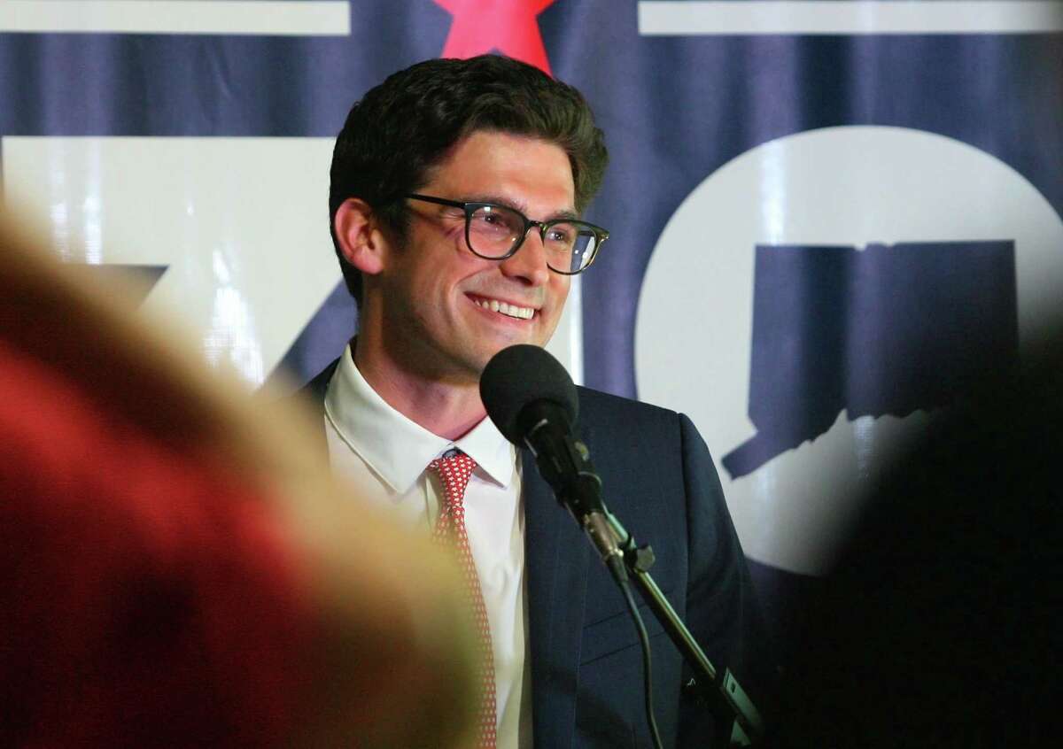 Republican Ryan Fazio gives his post-election victory speech after winning the seat for the 36th State Senate District during a gathering at his campaign headquarters on East Putnam Avenue in Greenwich, Conn., on Tuesday August 17, 2021.