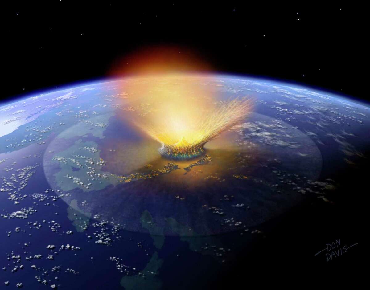 This is an artist's depiction of a huge asteroid striking Earth 66 million years ago, sending the dinosaurs and many other life forms into extinction.