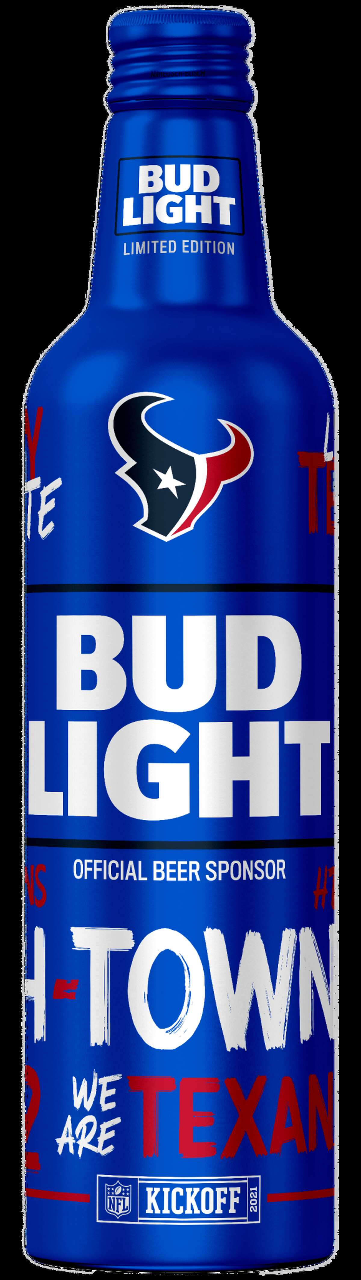 These specialty Houston Texans Bud Light bottles will be available in stores on Aug. 23, 2021.