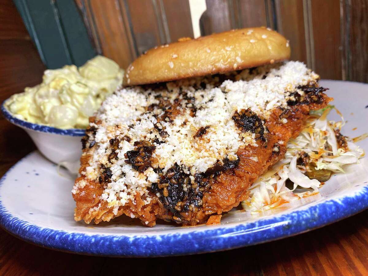 A crispy chicken macha sandwich with a side is part of the menu at Mama's Cafe.