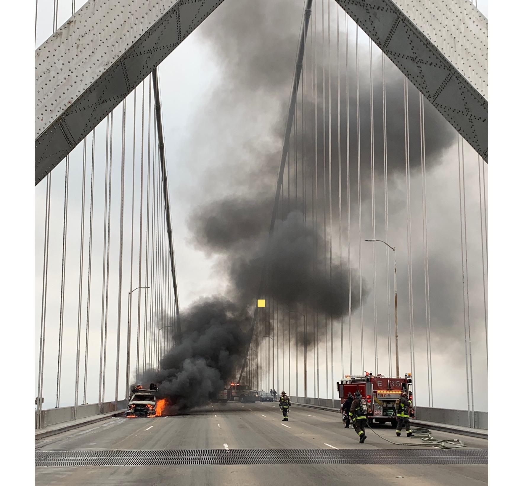 Utility truck catches fire on Bay Bridge, snarling traffic