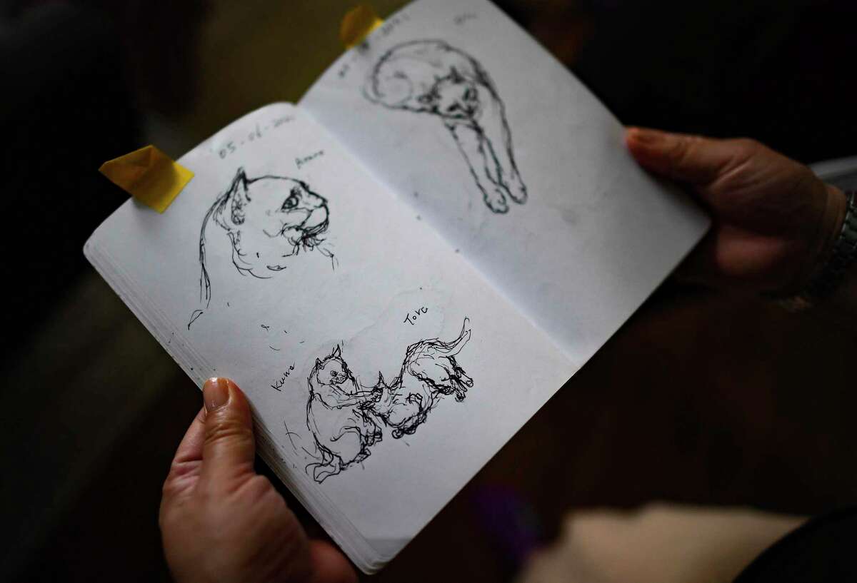 Yoko Misu looks through her sketch book, in which she draws daily. She often sketches her cats.