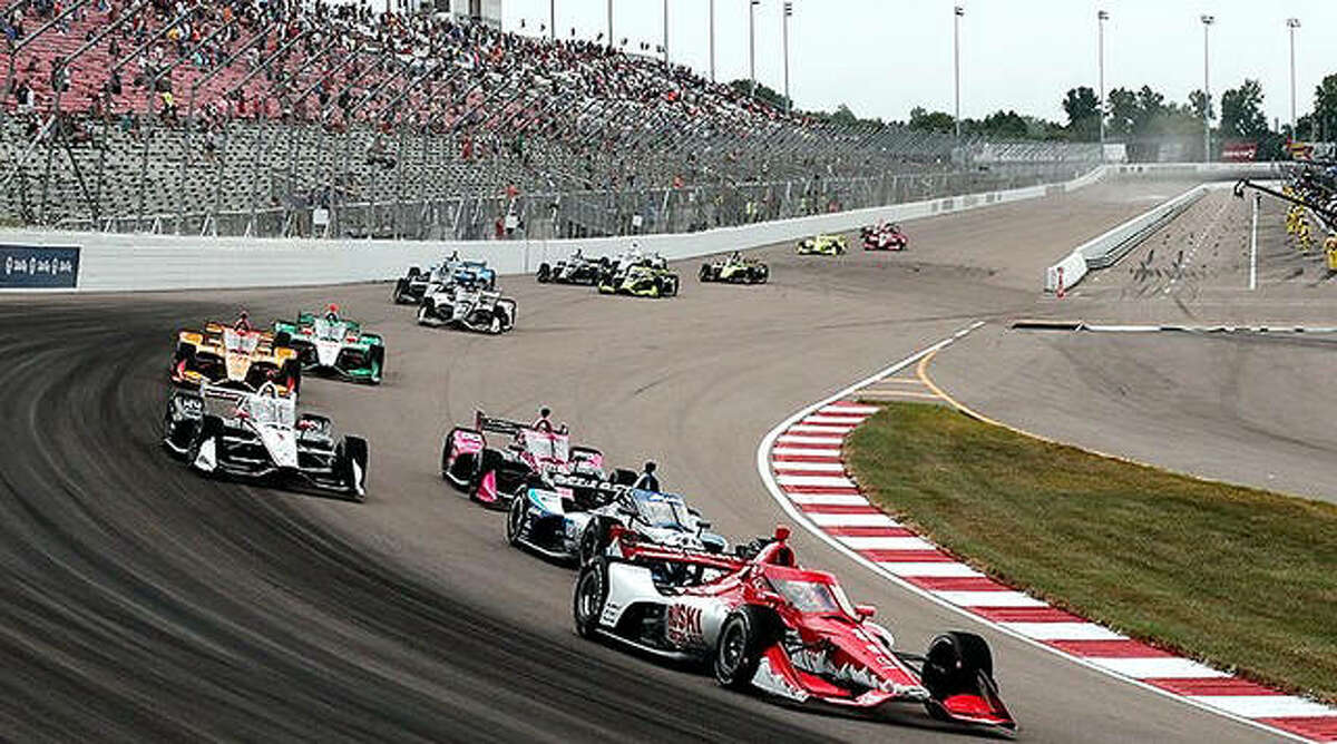 The field of cars hits a curve during of the 2020 Bommarito 500 IndyCar races last year at World Wide Technology Raceway in Madison. The 2021 race will be held Saturday.