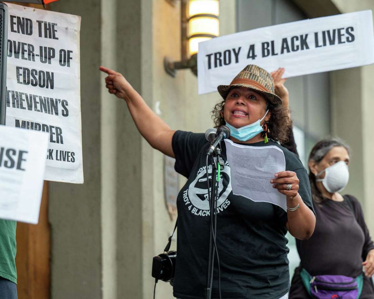 Luz Marquez, of Troy for Black Lives, speaks at a rally in front of Troy City Hall prior to the city Council voting on a court-mediated $1.55 million settlement for the family of Edson Thevenin, a man who was shot and killed by Troy Police Sgt. Randall French during a traffic stop in 2016. (Jim Franco/Special to the Times Union)
