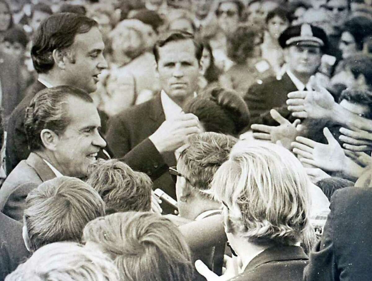 1970: President Richard Nixon shakes hands with supporters outside the Italian Center of Stamford.
