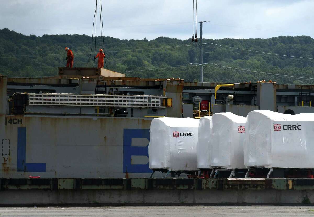 Cargo covers are moved aboard the Kraszewski after unloading its cargo of rail cars on Friday, Aug. 20, 2021, at the Port of Albany in Albany, N.Y. Barge service is still months away from being implemented at the Port of Albany, to assist with congestion at downstate ports. (Will Waldron/Times Union)