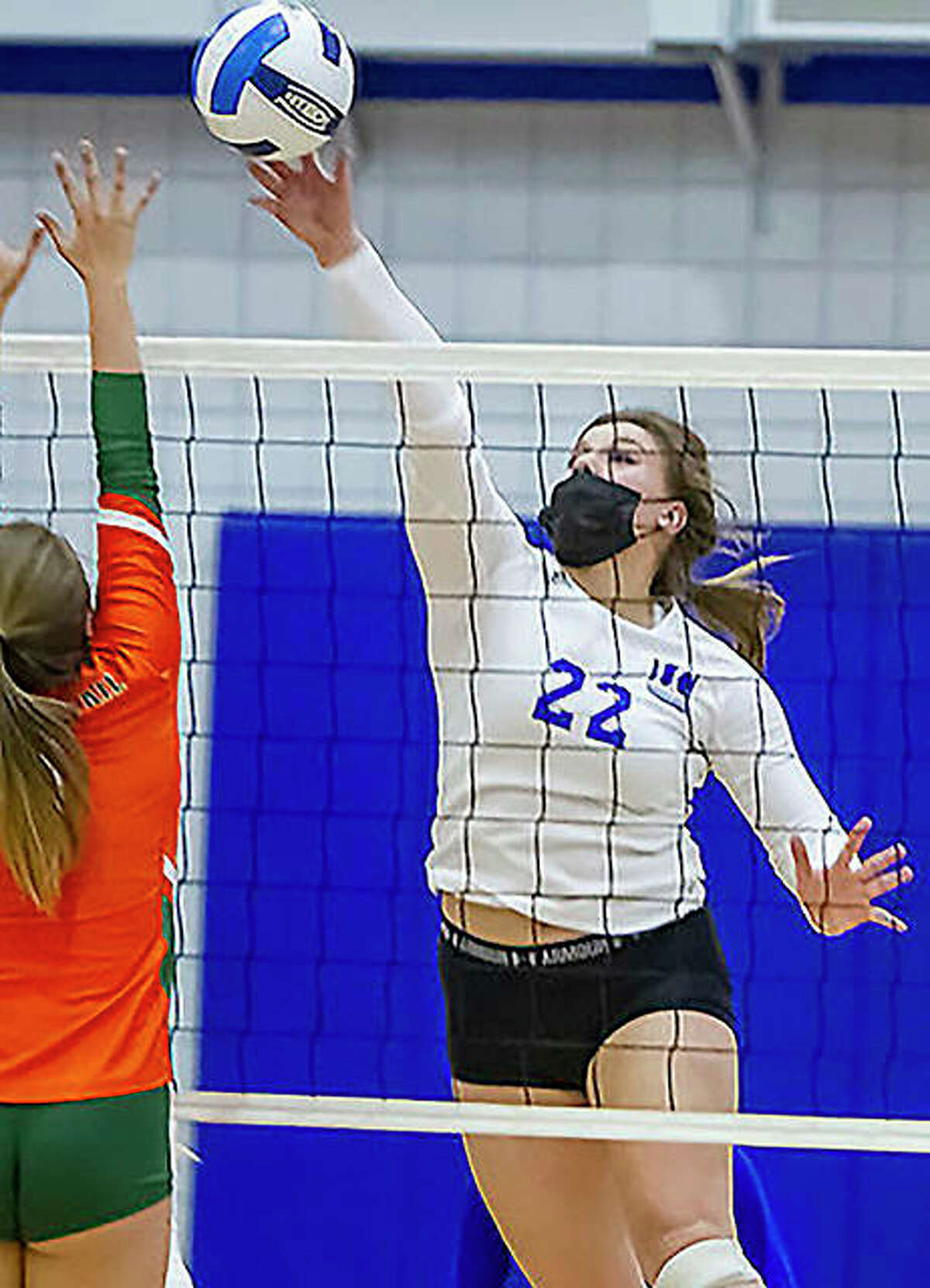 LCCC’s Elizabeth Ladeairous (22), from Fresno, Calif., is one of two sophomores back with the Lewis and Clark Community College volleyball team this season.