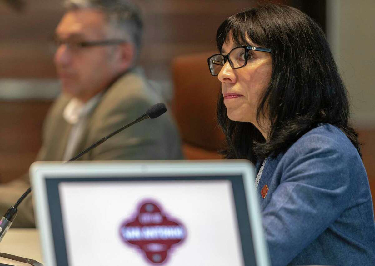 San Antonio Deputy City Manager Maria Villagómez, who is the city’s team leader in its contract negotiations with the San Antonio Police Officers Association, listens during a collective bargaining session in July 2021. The negotiations between the two sides have been going on for nearly a year.