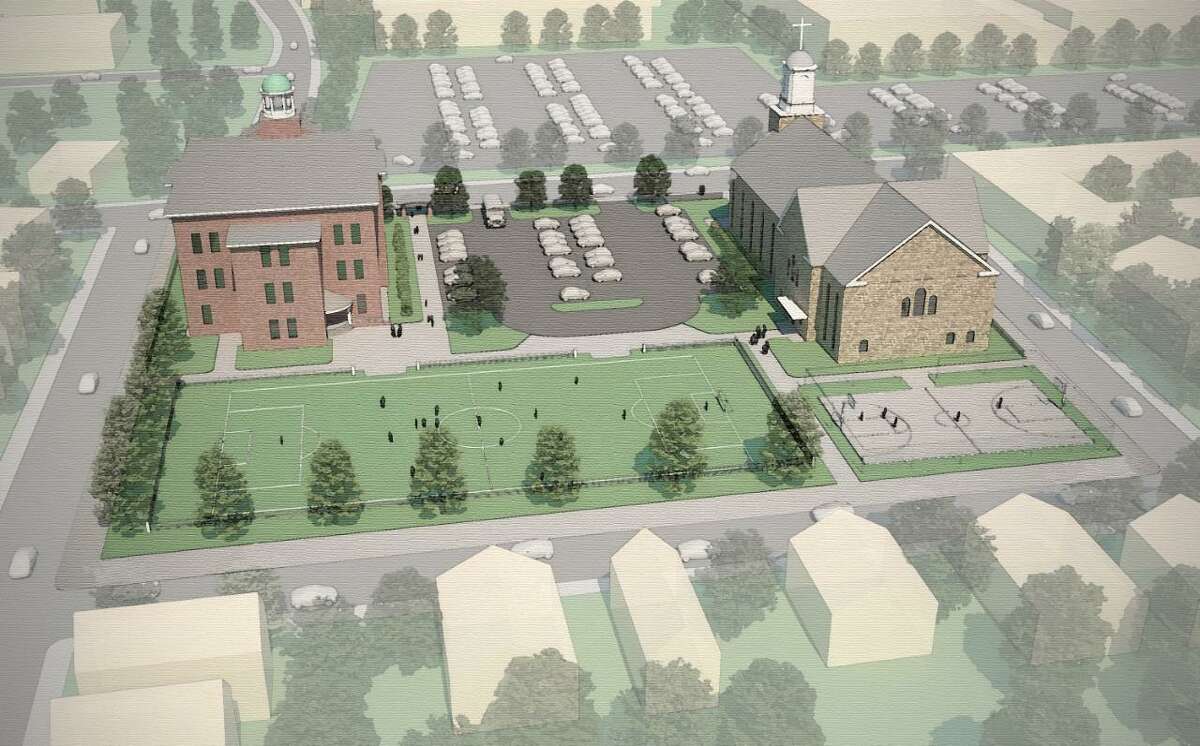 An artist’s rendering of the improvements to the St. Martin de Porres Academy campus in New Haven’s Hill neighborhood.