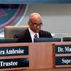 Superintendent Dr. Mark Porterie gets the meeting underway after Taylor Getwood and others were sworn in o office with the Port Arthur ISD Board of Trustees during Tuesday's meeting. Getwood is the youngest person ever elected to serve on the school board. Photo made Tuesday, May 11, 2021 Kim Brent/The Enterprise
