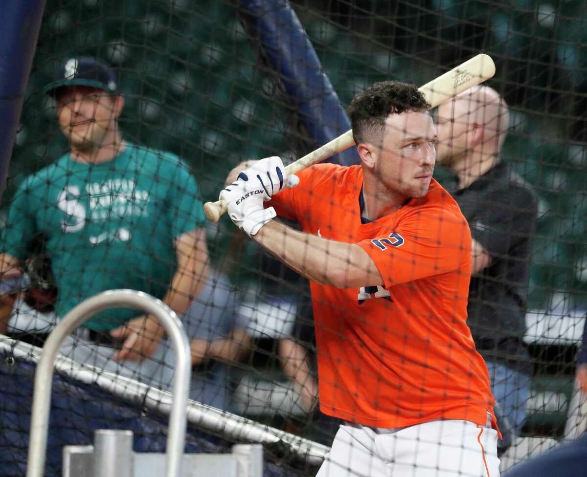 Houston Astros Alex Bregman, who has been rehabbing recently at the Sugar Land Skeeters takes batting practice before the start of an MLB baseball game at Minute Maid Park, Saturday, August 21, 2021, in Houston.