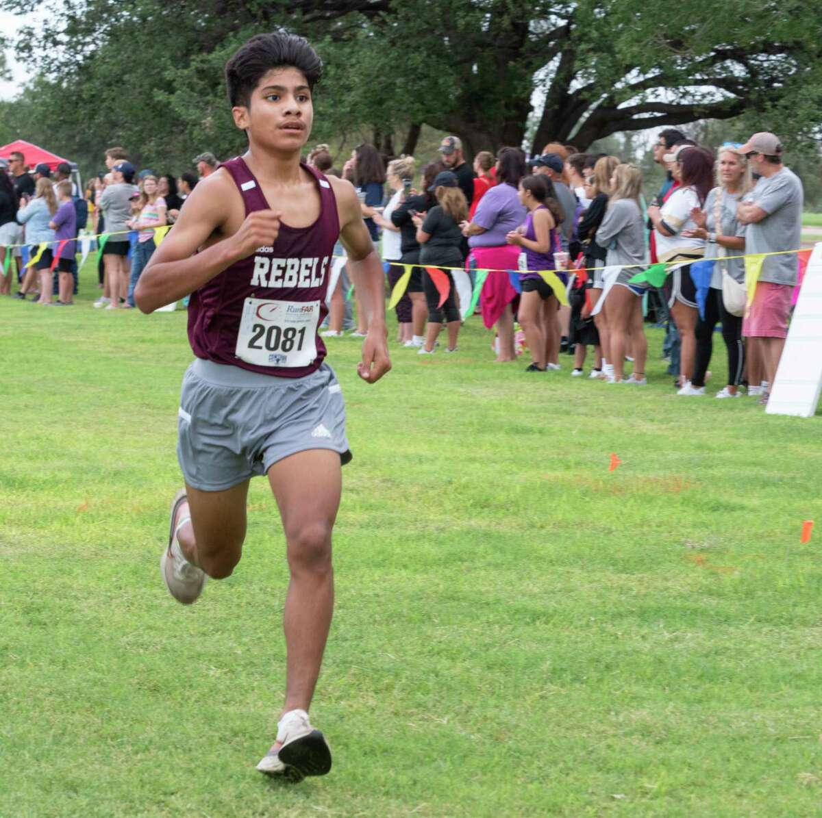 Legacy's Joey Almanza races toward the finish in the Division I boys race during the Tall City Invitational cross-country meet on Aug. 21, 2021, at Hogan Park and Sibley Nature Center. Tim Fischer/Reporter-Telegram 