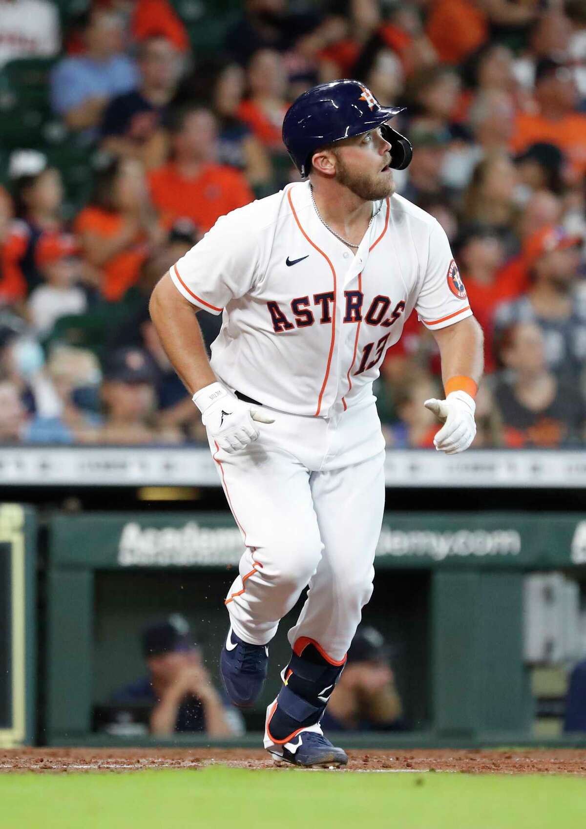 Houston Astros Jacob Wilson (13) triples off Seattle Mariners starting pitcher Logan Gilbert during the third inning of an MLB baseball game at Minute Maid Park, Saturday, August 21, 2021, in Houston.