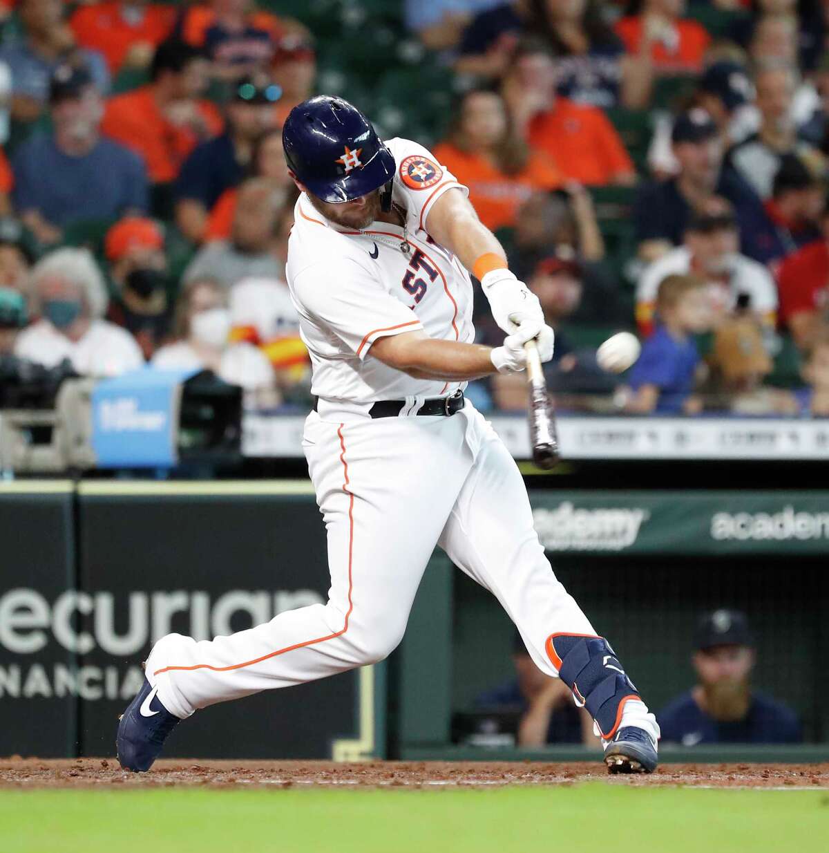 Houston Astros Jacob Wilson (13) triples off Seattle Mariners starting pitcher Logan Gilbert during the third inning of an MLB baseball game at Minute Maid Park, Saturday, August 21, 2021, in Houston.