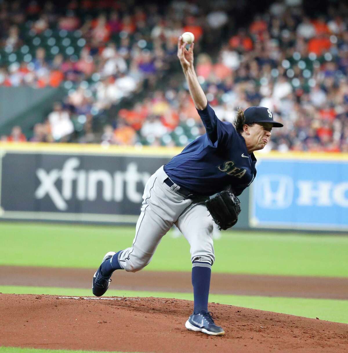 Seattle Mariners starting pitcher Logan Gilbert (36) pitches during the first inning of an MLB baseball game at Minute Maid Park, Saturday, August 21, 2021, in Houston.