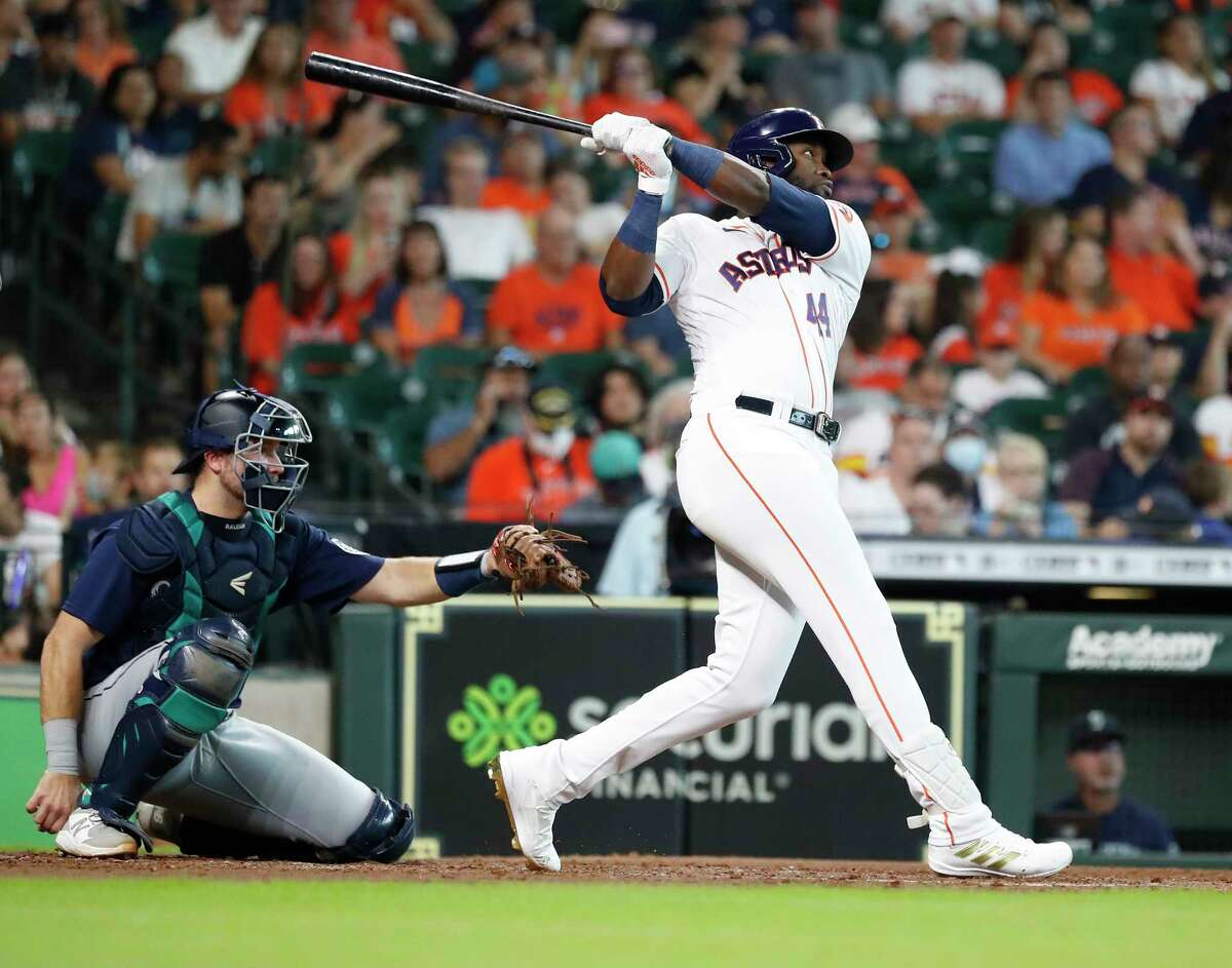 Houston Astros designated hitter Yordan Alvarez (44) hits a three-run home run off Seattle Mariners starting pitcher Logan Gilbert during the third inning of an MLB baseball game at Minute Maid Park, Saturday, August 21, 2021, in Houston.