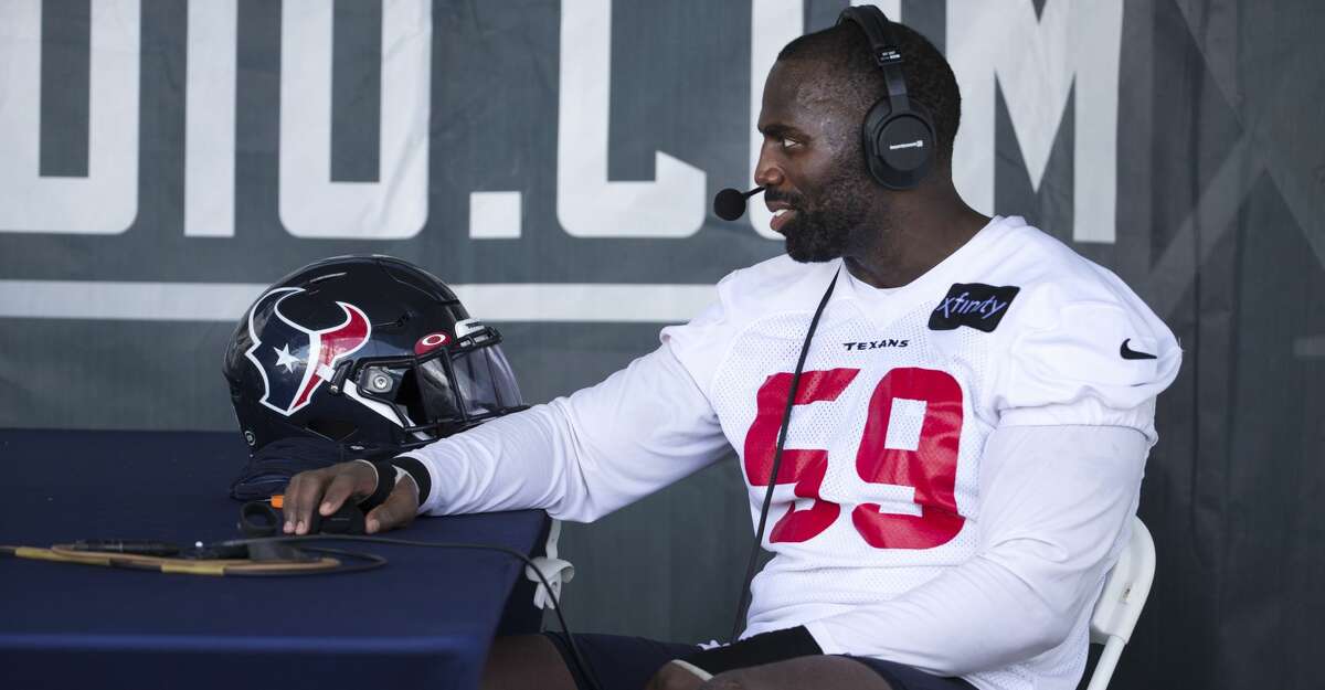 Houston Texans outside linebacker Whitney Mercilus sits in for a radio interview after an NFL training camp football practice Friday, July 30, 2021, in Houston.