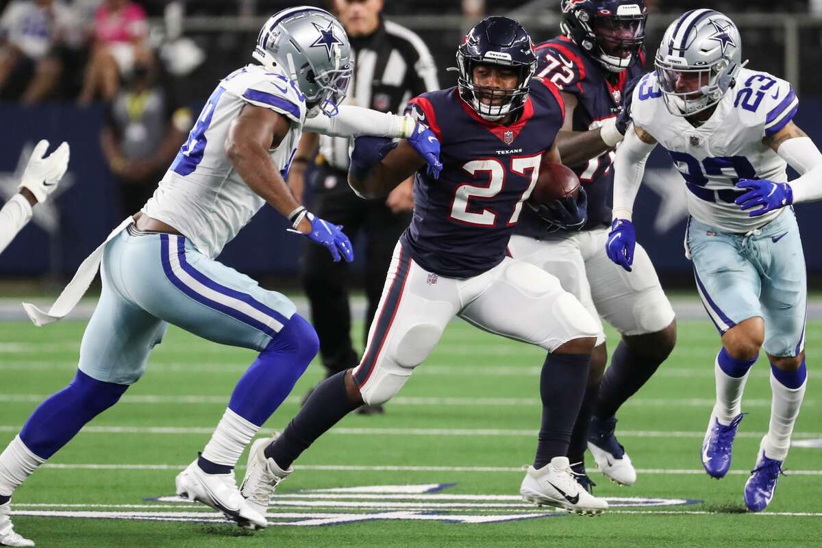 Houston Texans running back Scottie Phillips (27) lines up during an NFL  preseason football game against the Dallas Cowboys, Saturday, Aug 21, 2021,  in Arlington, Texas. Houston won 20-14. (AP Photo/Brandon Wade