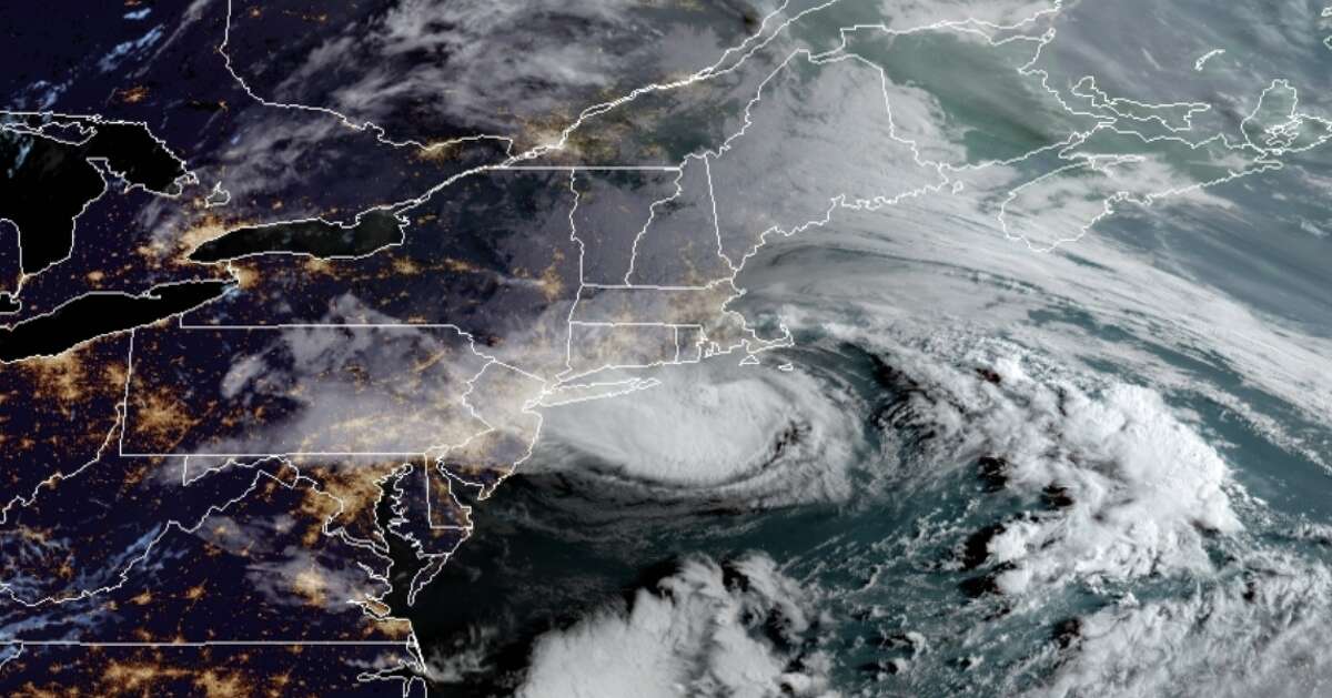 This satellite image of the U.S. Atlantic coast shows Henri nearing Long Island and Connecticut on Aug. 22, 2021. 