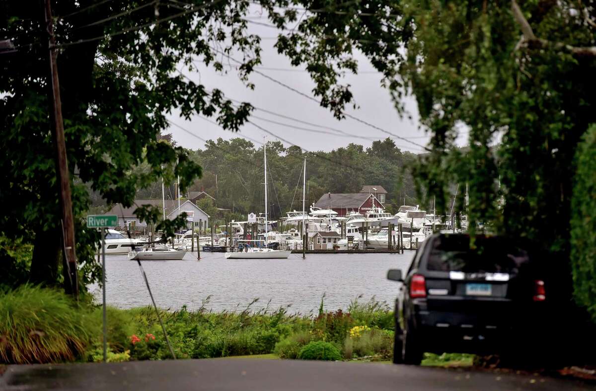 The Safe Harbor and Goodsell Point Marinas seen from Pawson Park and River Road in Branford Sunday during a soft mid-morning rain from Tropical Storm Henri.