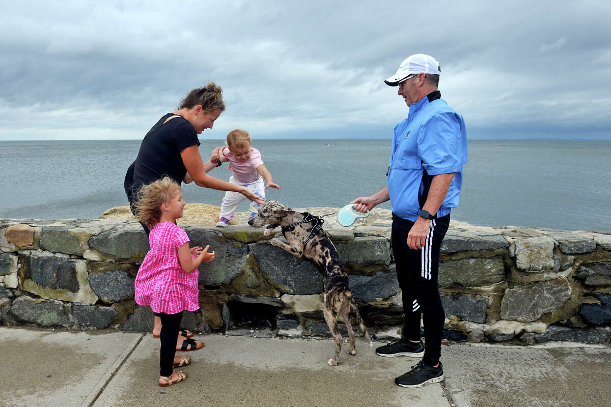 With the calm waters of Long Island Sound in the background, Dana Hauser and her daughters, Emmerson and Mackenzie, stop to greet Michael Gray and his dog Malet at they walk along the Lordship Seawall, in Stratford, Conn. Aug. 22nd, 2021. As Tropical Storm Henri passed farther to the east, most of coastal Fairfield County experienced an ordinary rainy day on Sunday.