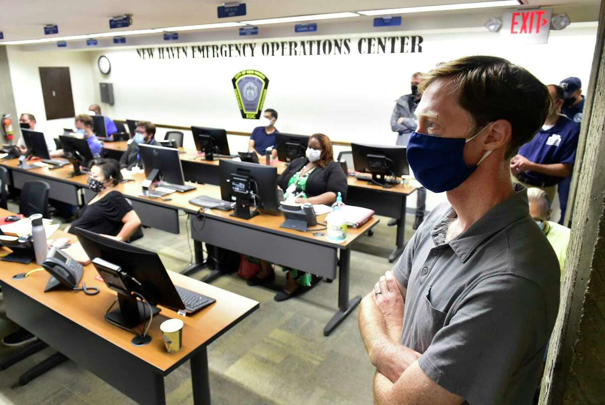 New Haven Mayor Justin Elicker Sunday, Sunday, August 22, 2021 at the New Haven Office of Emergency Management's Emergency Command Center where representatives of all city departments share updated status reports on Hurricane Henri.