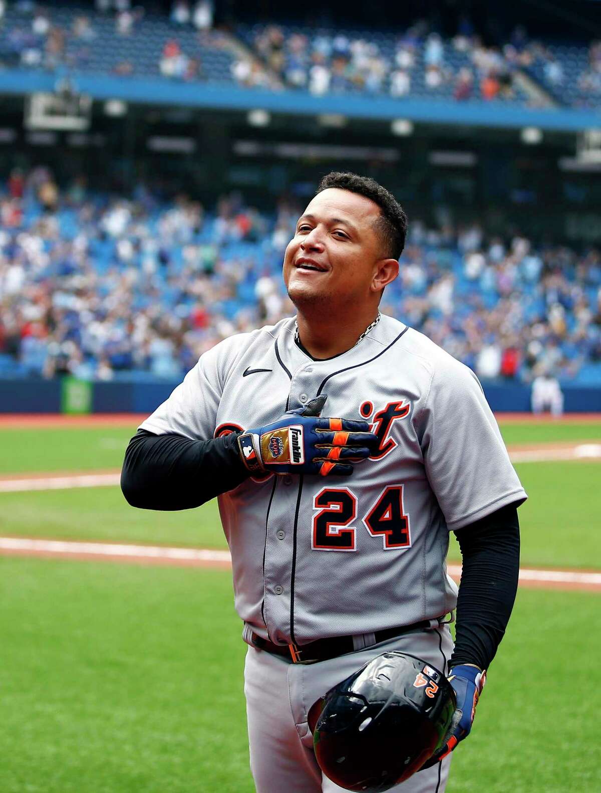 TORONTO, ON - AUGUST 22: Miguel Cabrera #24 of the Detroit Tigers celebrates after hitting his 500th career home run in the sixth inning during a MLB game against the Toronto Blue Jays at Rogers Centre on August 22, 2021 in Toronto, Ontario, Canada. (Photo by Vaughn Ridley/Getty Images)