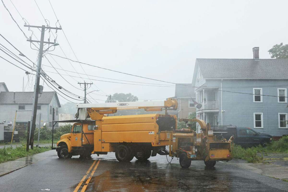 NEW LONDON, CONNECTICUT - AUGUST 22: A truck blocks access to a road as Tropical Storm Henri prepares to make landfall on August 22, 2021 in New London, Connecticut. A federal storm warning was declared in Connecticut after Hurricane Henri was downgraded from a category 1 hurricane to a tropical storm on Sunday morning. (Photo by Michael M. Santiago/Getty Images)