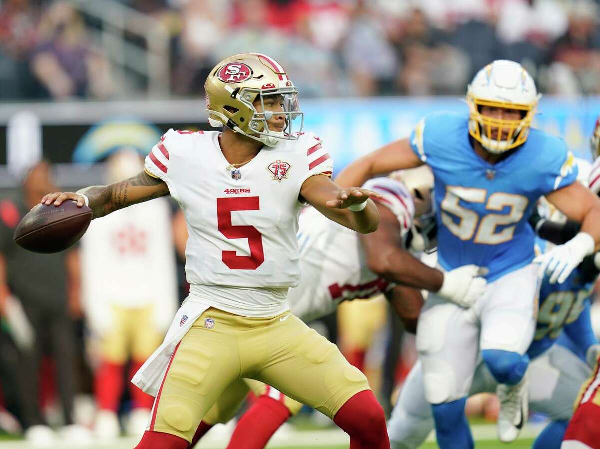 49ers quarterback Trey Lance throws during the first half of a preseason NFL football game against the Los Angeles Chargers Sunday, Aug. 22, 2021, in