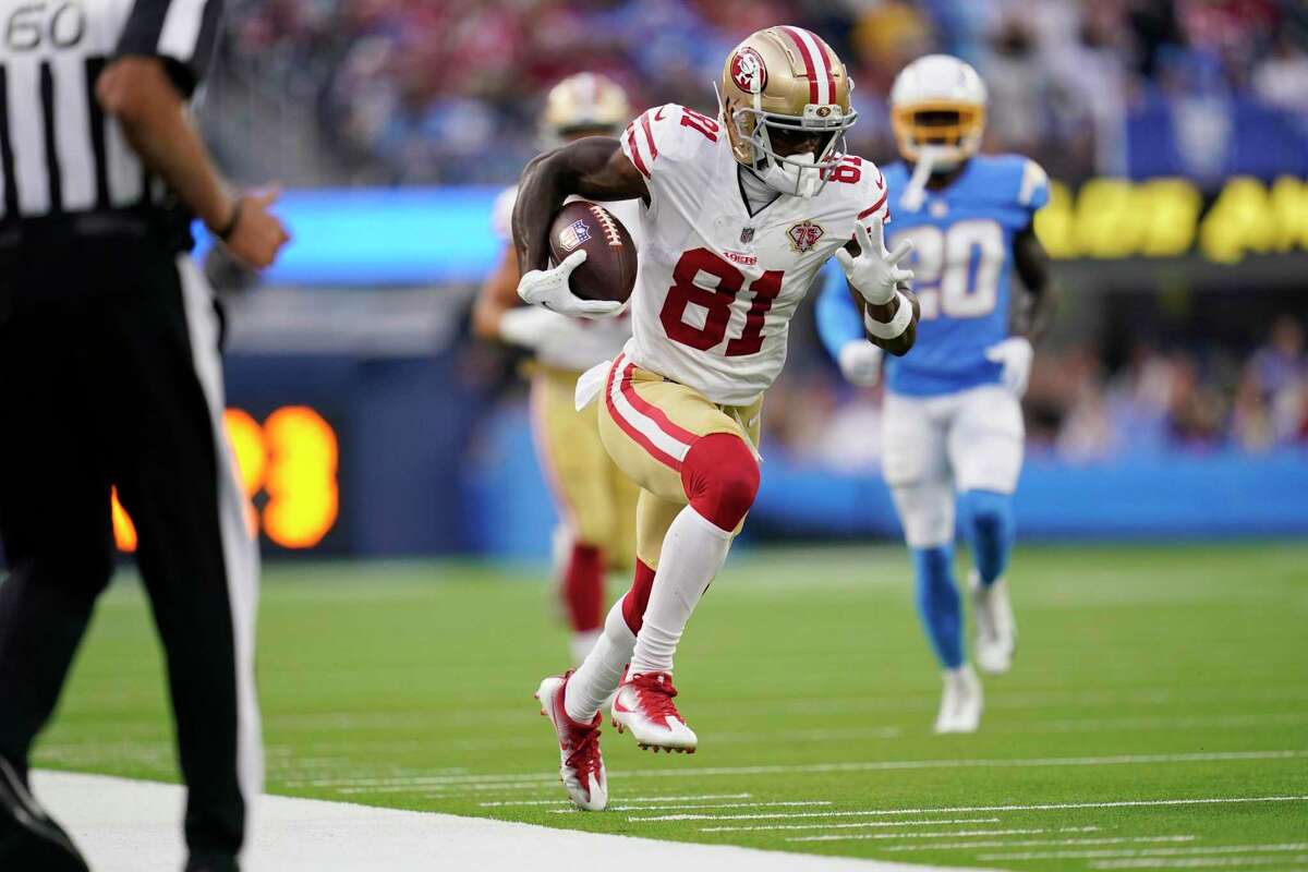San Francisco 49ers wide receiver Trent Sherfield (81) runs against the Los Angeles Chargers during the first half of a preseason NFL football game Sunday, Aug. 22, 2021, in Inglewood, Calif. (AP Photo/Ashley Landis )